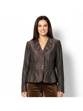IRIS SETLAKWE Brown Fully Lined Peplum Crinkle Blazer MADE IN CANADA 🇨🇦 Sz 12